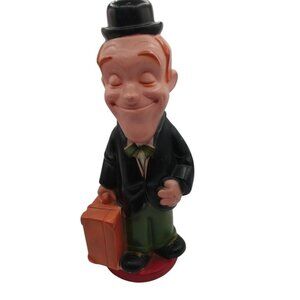 Rare Vintage Smiling Laurel Tall Coin Bank Figurine With Hat & Suitcase 14" Tall